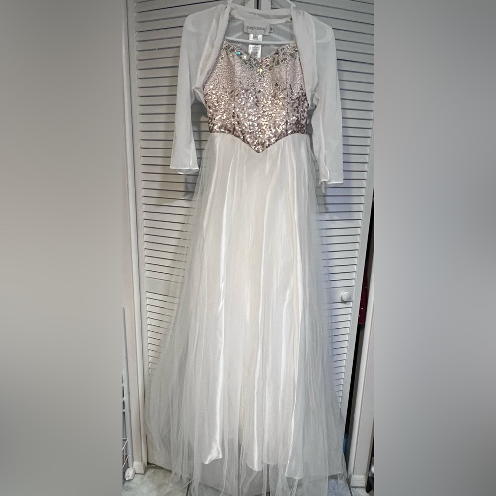 Juniors White & Champagne Strapless Formal Dress w/ Sheer Cover Up. Size 5/6.